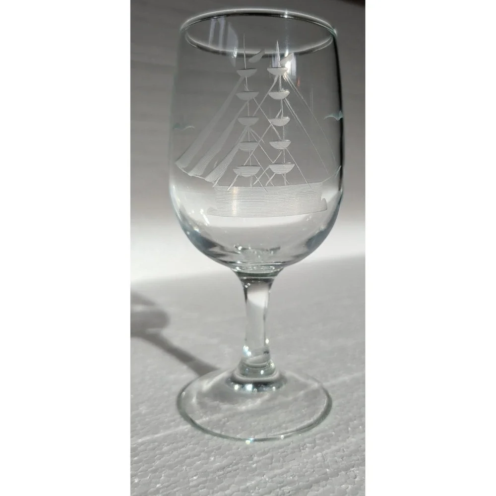 PAIR JAVIT Clipper Collection Etched Glass Sail Ship‎ Wine Glass 10 oz VTG 6.5